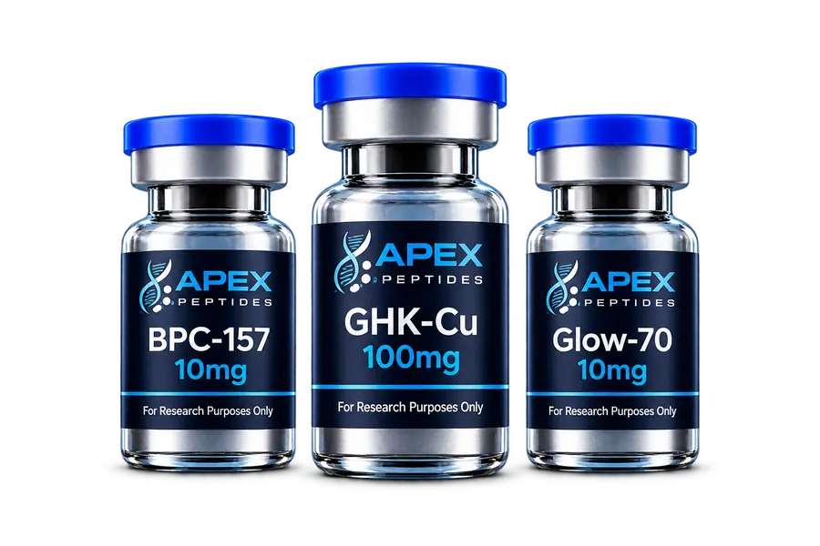 Apex Peptides BPC-157 10mg, GHK-Cu 100mg and Glow-70 10mg research vials